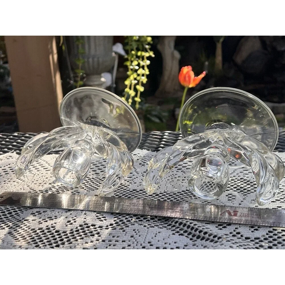 1960s Vintage Glass Lotus Candle Holders Pair Mid Century  Wheat Sheaf/winged